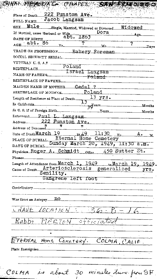 Jacob Langsam Death Certificate (19 March 1949)